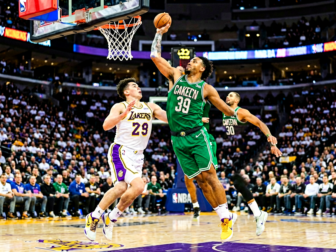 NBA季后赛激烈对抗：球员突破上篮的精彩瞬间